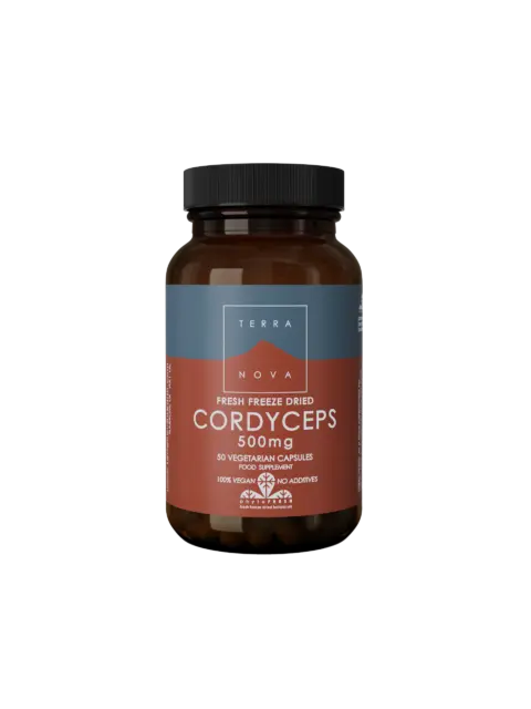 Brown bottle of Terra Nova Cordyceps 500mg, 50 vegetarian capsules.