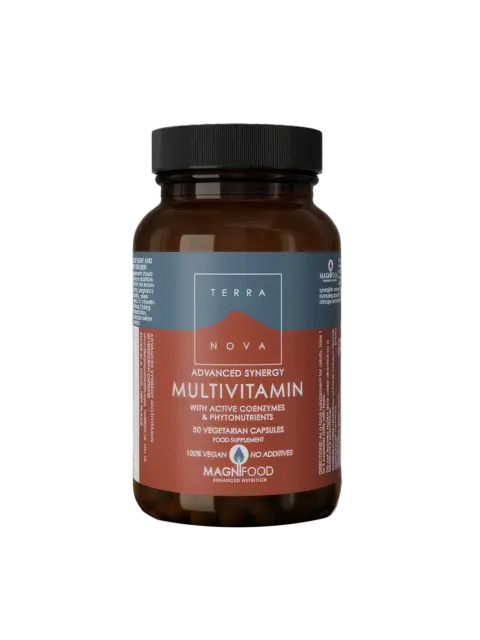 Brown bottle of Terra Nova multivitamins, 50 vegetarian capsules, vegan, no additives.