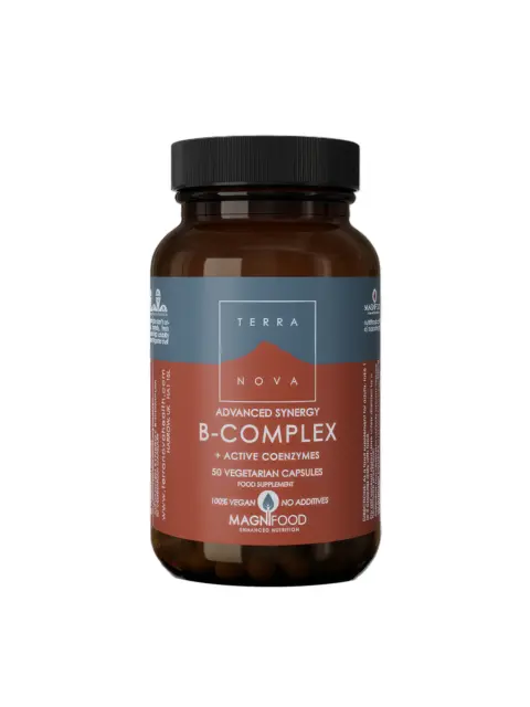 Terranova B-Complex capsules, 50 count, vegan, no additives, brown bottle with black lid.