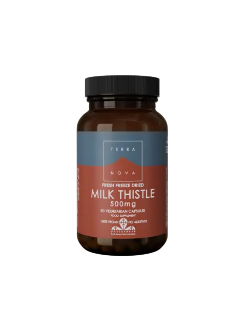Brown bottle of Terra Nova Milk Thistle, 500mg, 50 vegetarian capsules.