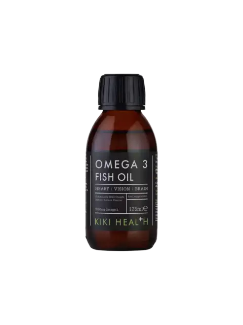 Omega 3 Fish Oil bottle, 125ml, by Kiki Health. For heart, vision, brain. Natural lemon flavour.