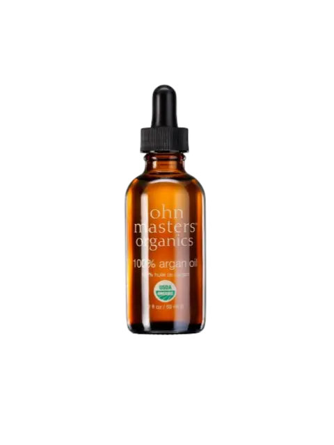 Brown glass bottle with dropper, labelled "John Masters Organics 100% argan oil".