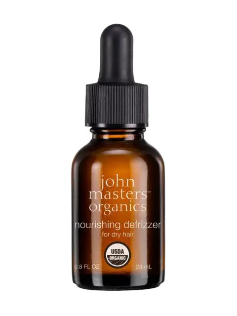 Brown bottle with dropper, labelled "John Masters Organics Nourishing Defrizzer for dry hair".