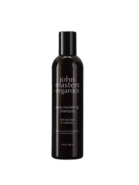 Black bottle of John Masters Organics daily nourishing shampoo, 236 ml.