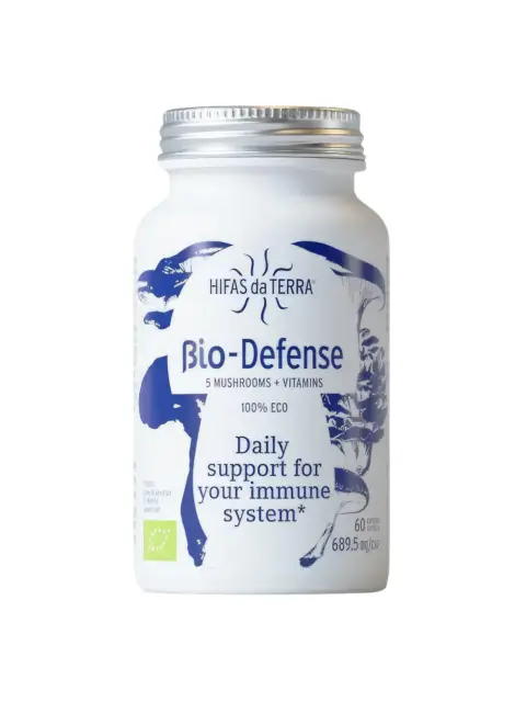 Hifas da Terra Bio-Defense supplement bottle with mushroom design. 60 capsules, 689.5 mg each.