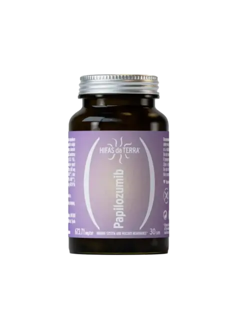 Brown bottle with purple label, "Hifas da Terra Papilozumib", 30 capsules, 673.71 mg/cap.