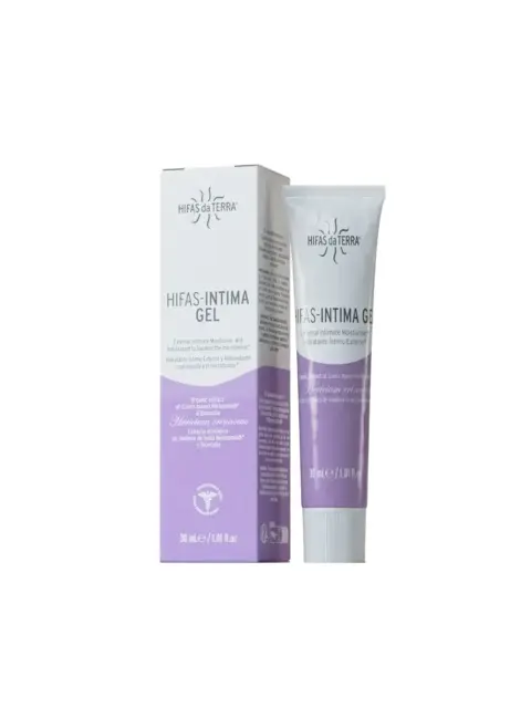 Hifas da Terra Intima Gel, 30ml tube and box, purple and white packaging.