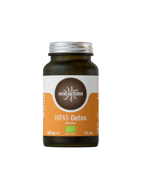 Brown bottle of Hifas da Terra HIFAS-Detox, 60 capsules, 600 mg each, organic label.