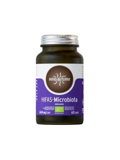 HIFAS-Microbiota supplement bottle, 60 capsules, 604 mg each, organic certification label.