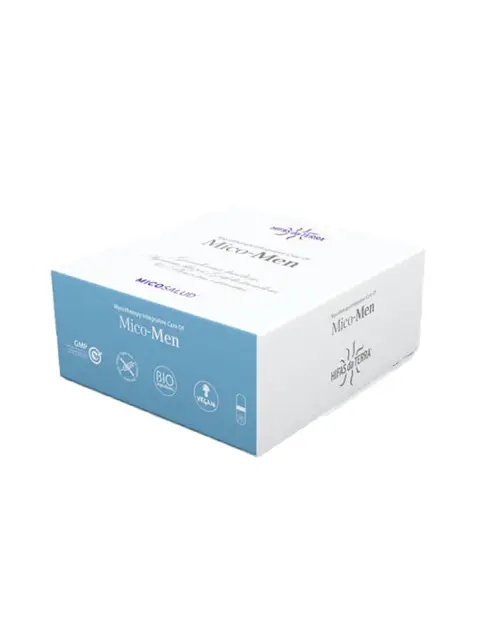 Mico-Men supplement box with vegan and bio certifications.