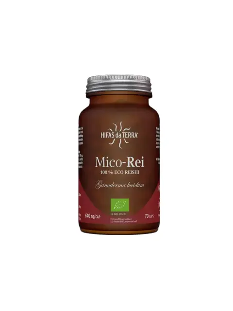 Hifas da Terra Mico-Rei supplement bottle, 70 capsules, 640 mg each.