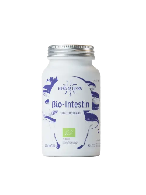 Hifas da Terra Bio-Intestin supplement bottle, 60 capsules, organic certification label.