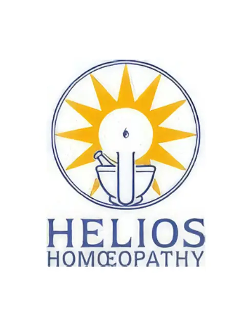 Sun and mortar logo with text: Helios Homœopathy.