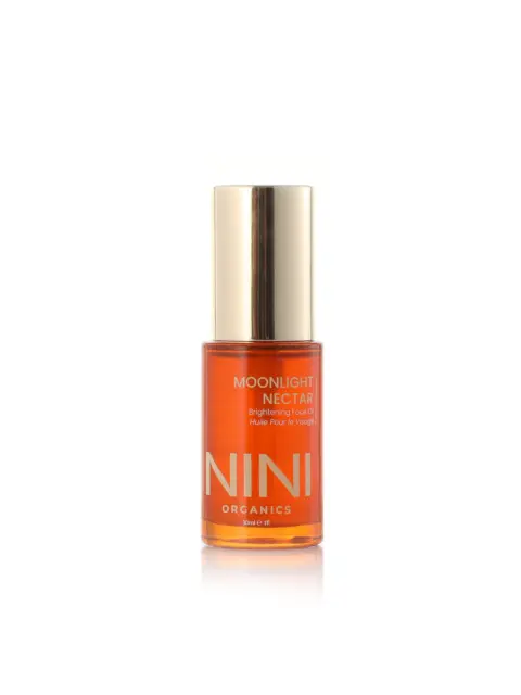 NINI Organics Moonlight Nectar Brightening Face Oil, 30ml bottle with gold cap.