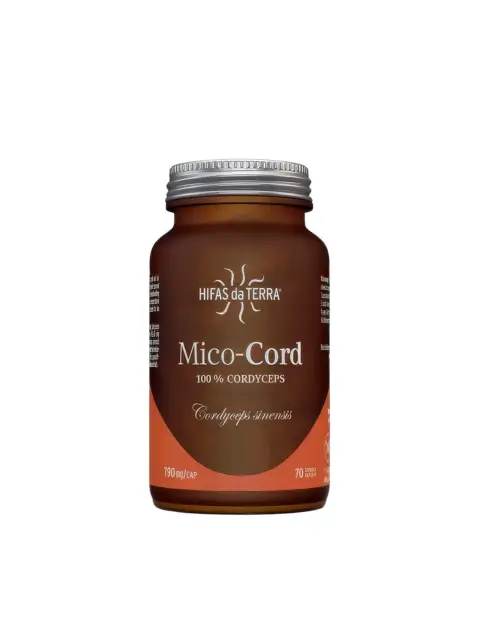 Hifas da Terra Mico-Cord supplement bottle, 100% Cordyceps, 70 capsules, 790 mg each.