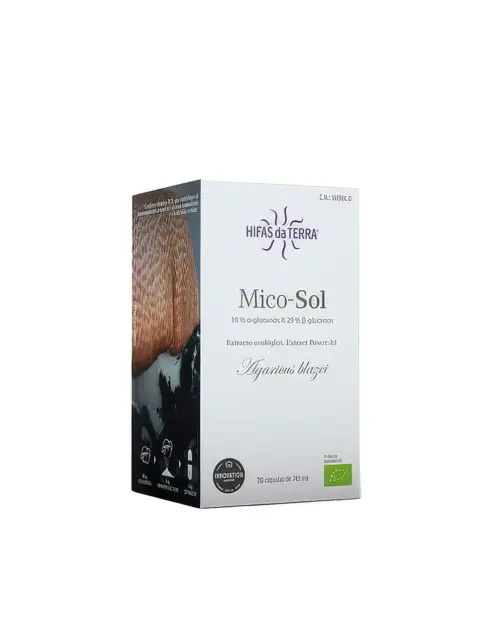 Hifas da Terra Mico-Sol supplement box with mushroom image and product details.
