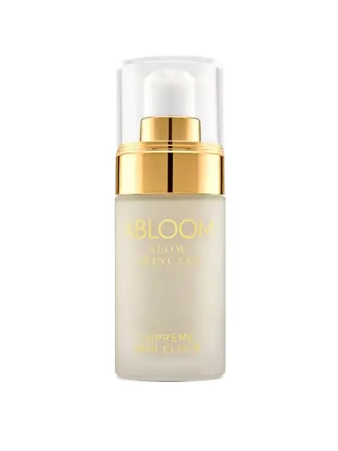 Abloom Supreme Skin Elixir bottle with gold pump and clear cap.
