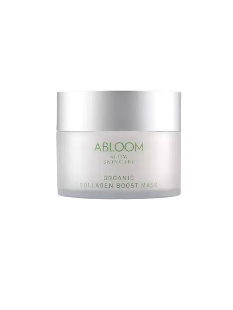 Abloom Organic Collagen Boost Mask in a white jar with green text.