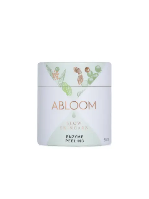 Abloom Slow Skincare Enzyme Peeling, 50g, with botanical illustrations on packaging.