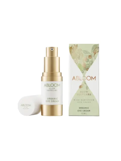 Abloom Organic Eye Cream, 15ml bottle and box, labelled slow skincare, wild harvested, 100% vegan.
