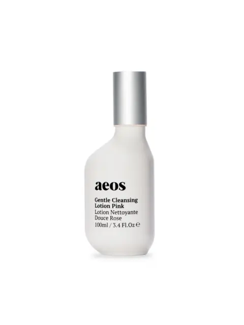 White bottle of aeos Gentle Cleansing Lotion Pink, 100ml, with silver cap.