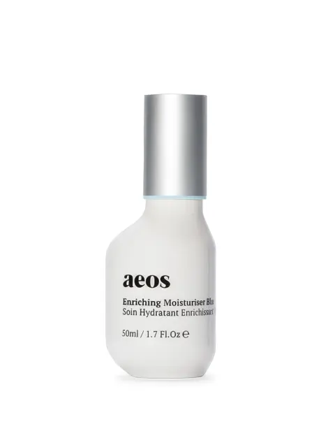 Aeos Enriching Moisturiser Blue, 50ml bottle with silver cap.