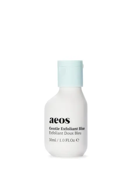 White bottle with blue cap labelled "aeos Gentle Exfoliant Blue, 30ml".