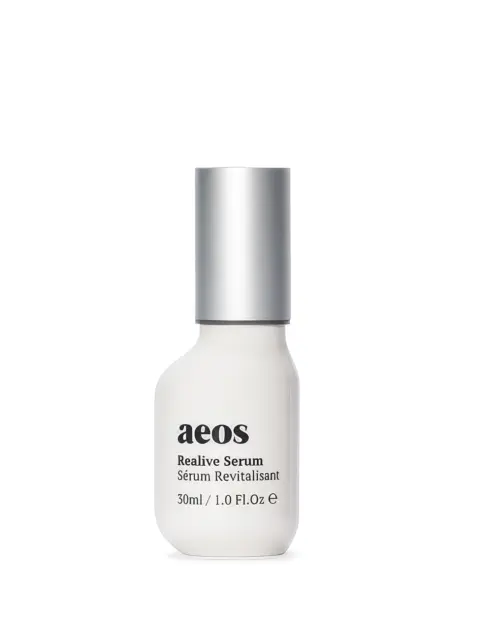 White bottle of aeos Realive Serum, 30ml, with a silver cap.