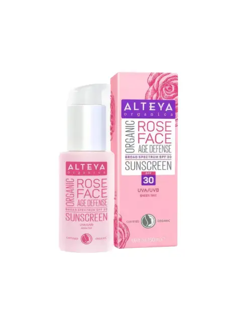 Alteya Organics Rose Face Sunscreen SPF 30, 50ml bottle and box with rose design.