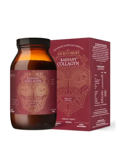 Brown jar and box of Radiant Collagyn supplement, vibrant berry flavour, vegan, 200g.