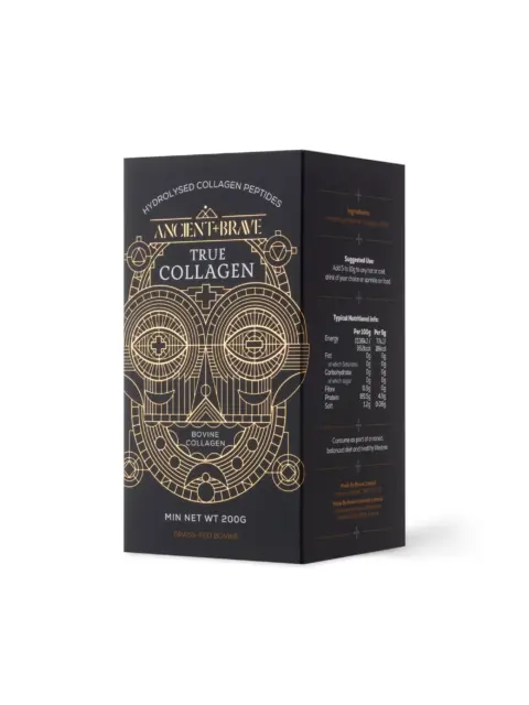 Black box of Ancient + Brave True Collagen, 200g, with gold geometric design.