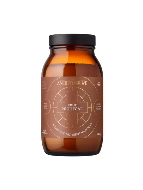 Brown jar labelled "True Nightcap" with lemon and ginger flavour, 180g.