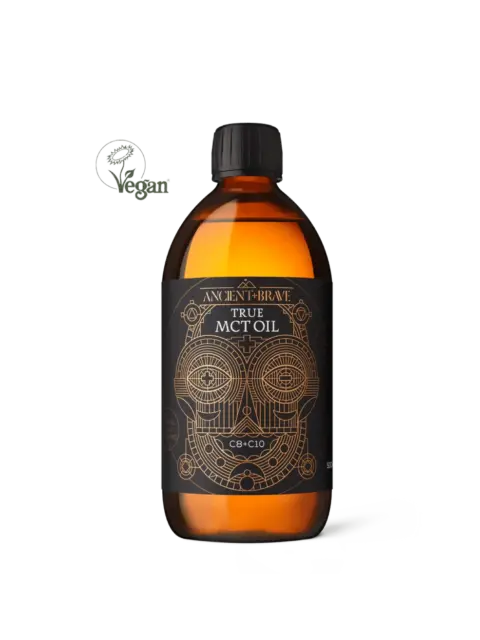 Amber bottle of Ancient + Brave True MCT Oil with vegan logo.