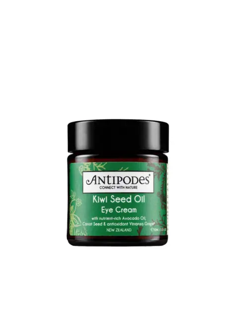 Antipodes Kiwi Seed Oil Eye Cream jar with green label, 30ml.