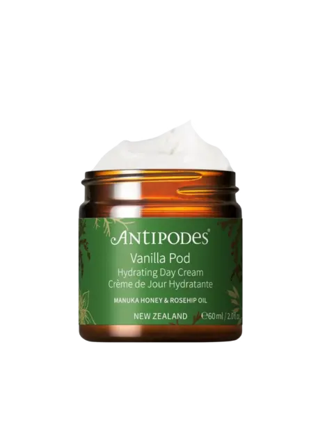 Antipodes Vanilla Pod Hydrating Day Cream jar, 60ml, with Manuka honey and rosehip oil.