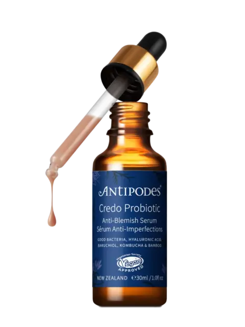 Antipodes Credo Probiotic Anti-Blemish Serum with dropper, 30ml bottle, vegan approved.