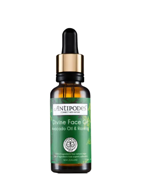 Antipodes Divine Face Oil with avocado and rosehip in a brown glass bottle with dropper.