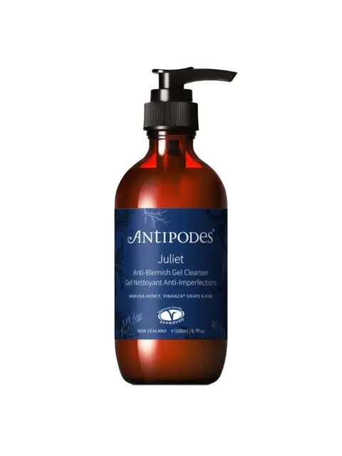 Antipodes Juliet Anti-Blemish Gel Cleanser, 200ml bottle with pump dispenser.