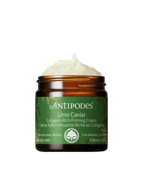 Antipodes Lime Caviar Collagen-Rich Firming Cream, 60ml jar, brown with green label.