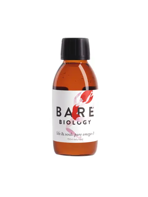 Brown bottle of Bare Biology omega-3 liquid, 150ml, with black cap.
