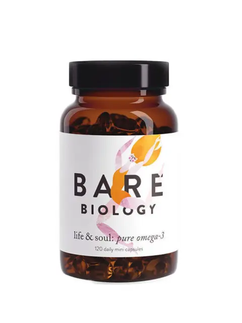 Bare Biology omega-3 capsules, 120 count, in a brown bottle with a black lid.