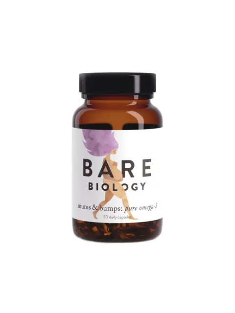 Bare Biology mums & bumps omega-3 capsules, 30 count, in amber bottle.