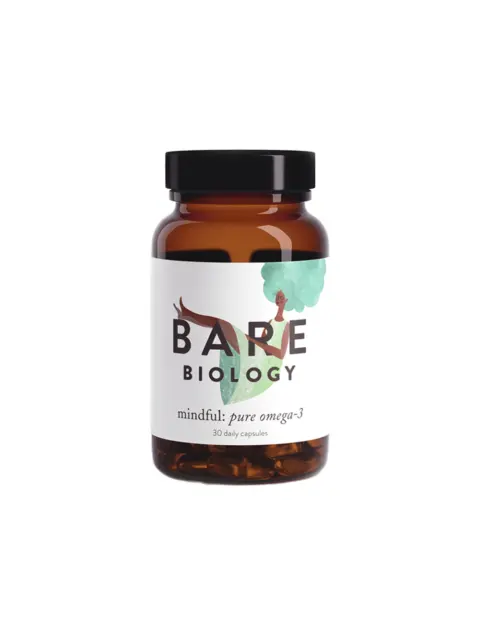 Bare Biology omega-3 capsules, 30 count, in amber bottle with illustrated label.