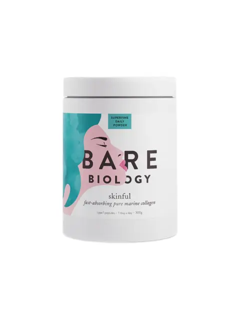Bare Biology Skinful marine collagen powder, 300g, with illustrated face on label.