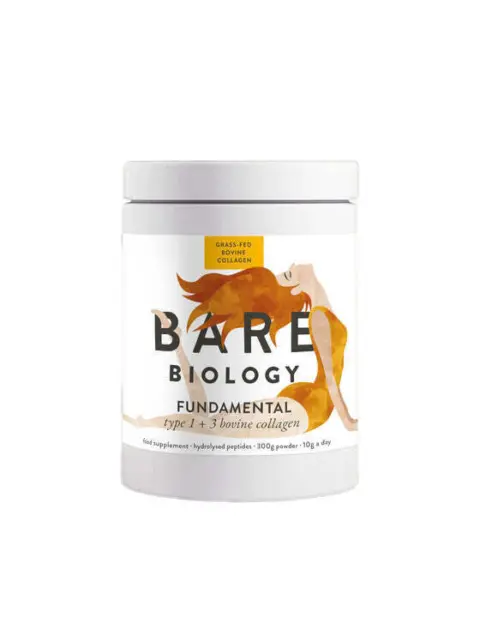 Bare Biology Fundamental collagen supplement, 300g, with illustrated figure on label.
