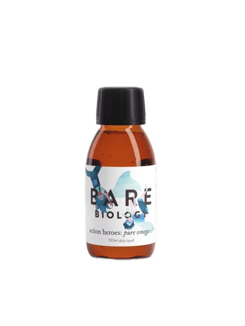 Brown bottle of Bare Biology omega-3 liquid, 100ml, with black cap and illustrated label.