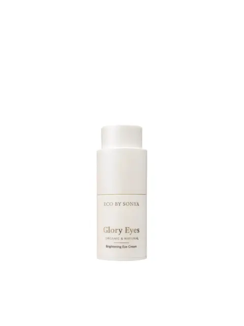 White bottle of Eco by Sonya Glory Eyes brightening eye cream.