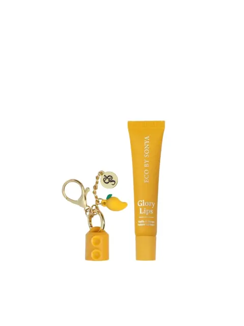 Yellow tube of Eco by Sonya Glory Lips balm with mango keychain.