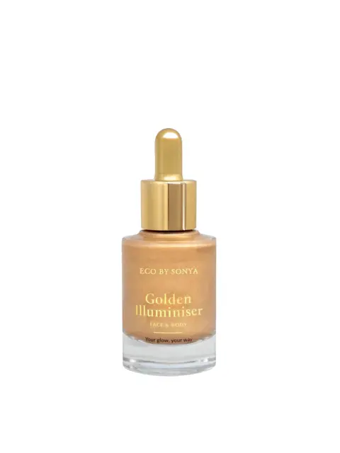 Eco by Sonya Golden Illuminiser bottle with gold dropper lid.