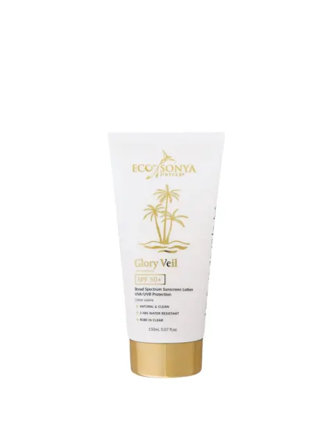 Eco by Sonya Glory Veil SPF 50+ sunscreen, 150ml tube with gold cap.